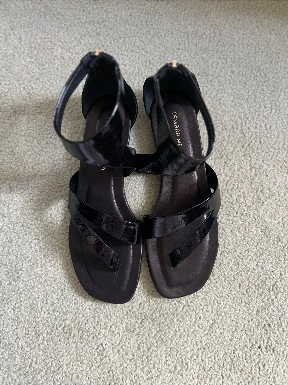 Tamara Mellon Black Patent Leather Strappy Ankle Sandals - Size 40